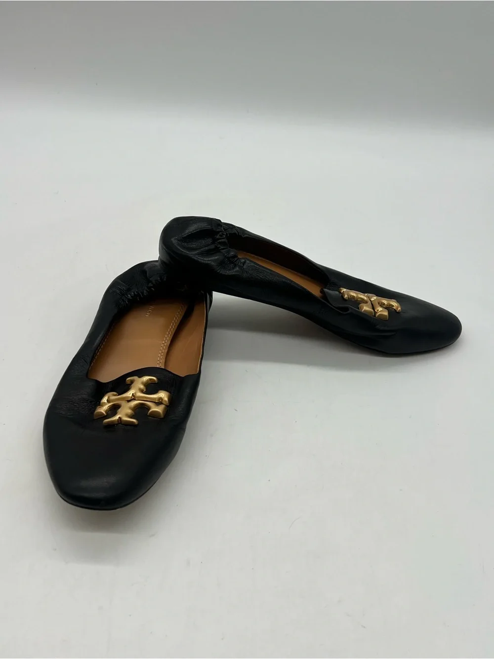 Tory Burch Eleanor Logo Goat Women 8.5M Black Leather Flat Loafers Shoes
